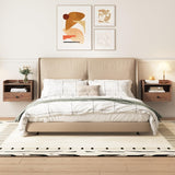 Brown Floating Nightstand Set of 2 with Charging Station and Drawer Small Bedside End Table with Outlet Modern Floating Night Stand for Bedroom Wood Wall Mounted Nightstands Set 2 Brown Walnut HOSEOKA