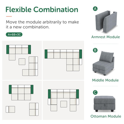 HONBAY Modular Sectional Sofa with Storage Reversible Sectional Modular Sofa Couch with Ottomans U Shaped Sectional Couch for Living Room, Bluish Grey