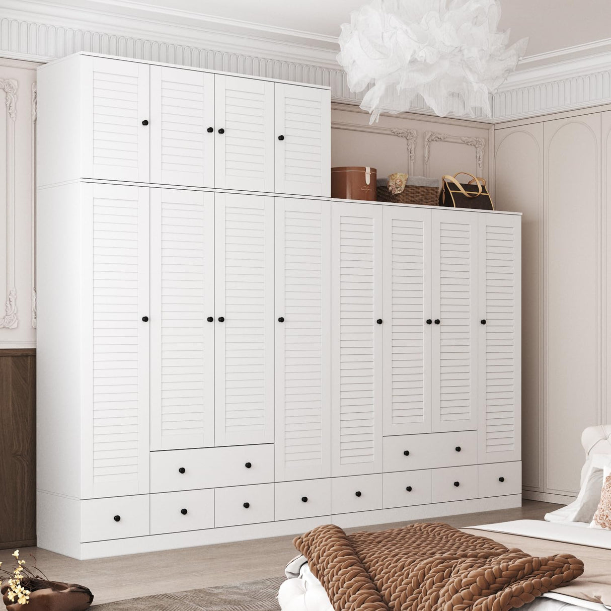 ECACAD Extra Tall Wardrobe Armoire with Top Cabinet, 10 Shelves, 4 Drawers, Hanging Rod & 8 Louver Doors, Wooden Closet Storage Cabinet for Bedroom, White (59”W x 19”D x 94.5”H) ECACAD