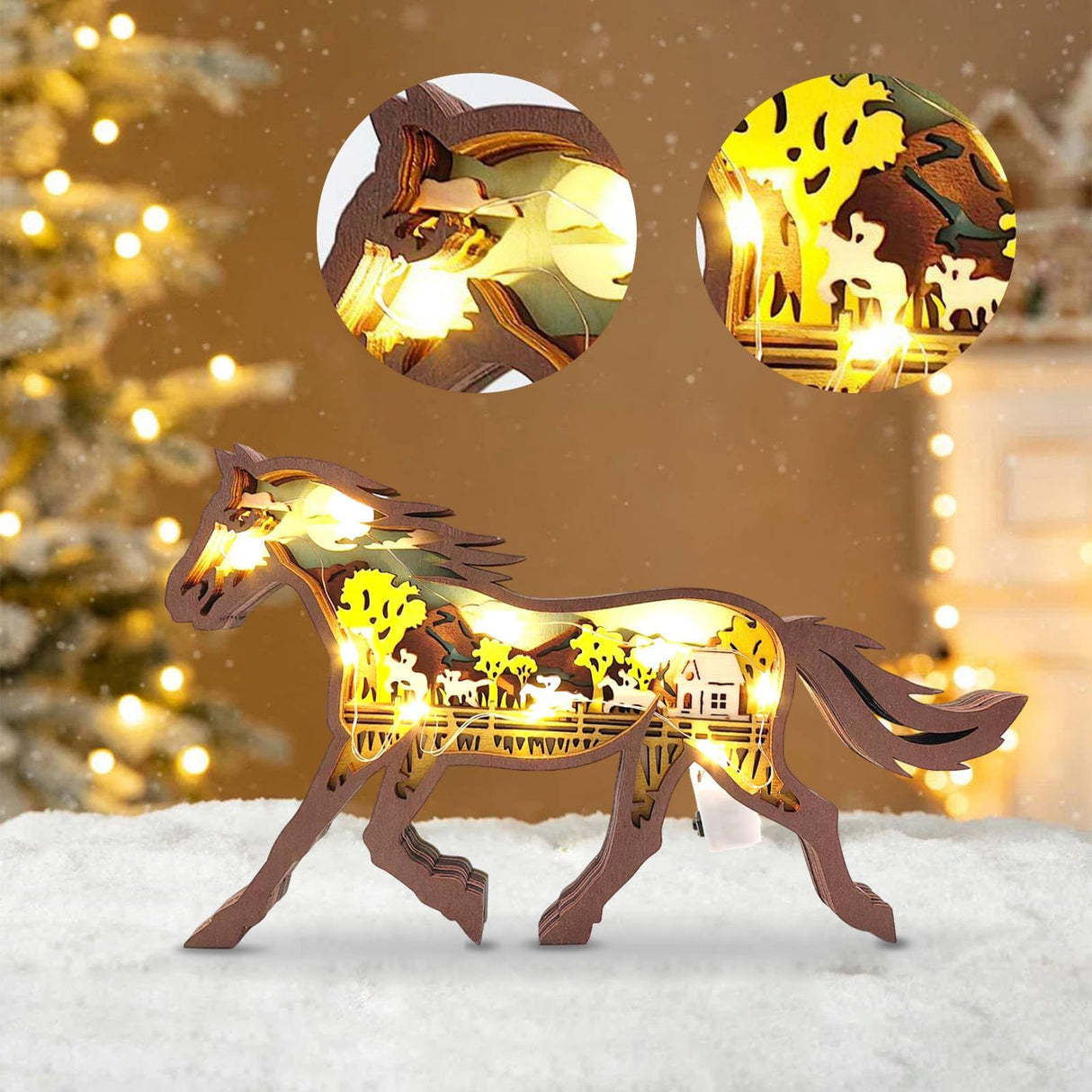 Drawelry 3D Wood Carving Animals Lamp - Creative Bear Elk Wooden Sculpture Ornaments Home Living Room Office Decorative Warm LED Night Light Christmas Birthday Gifts for Friend Son Dad (Horse) Drawelry