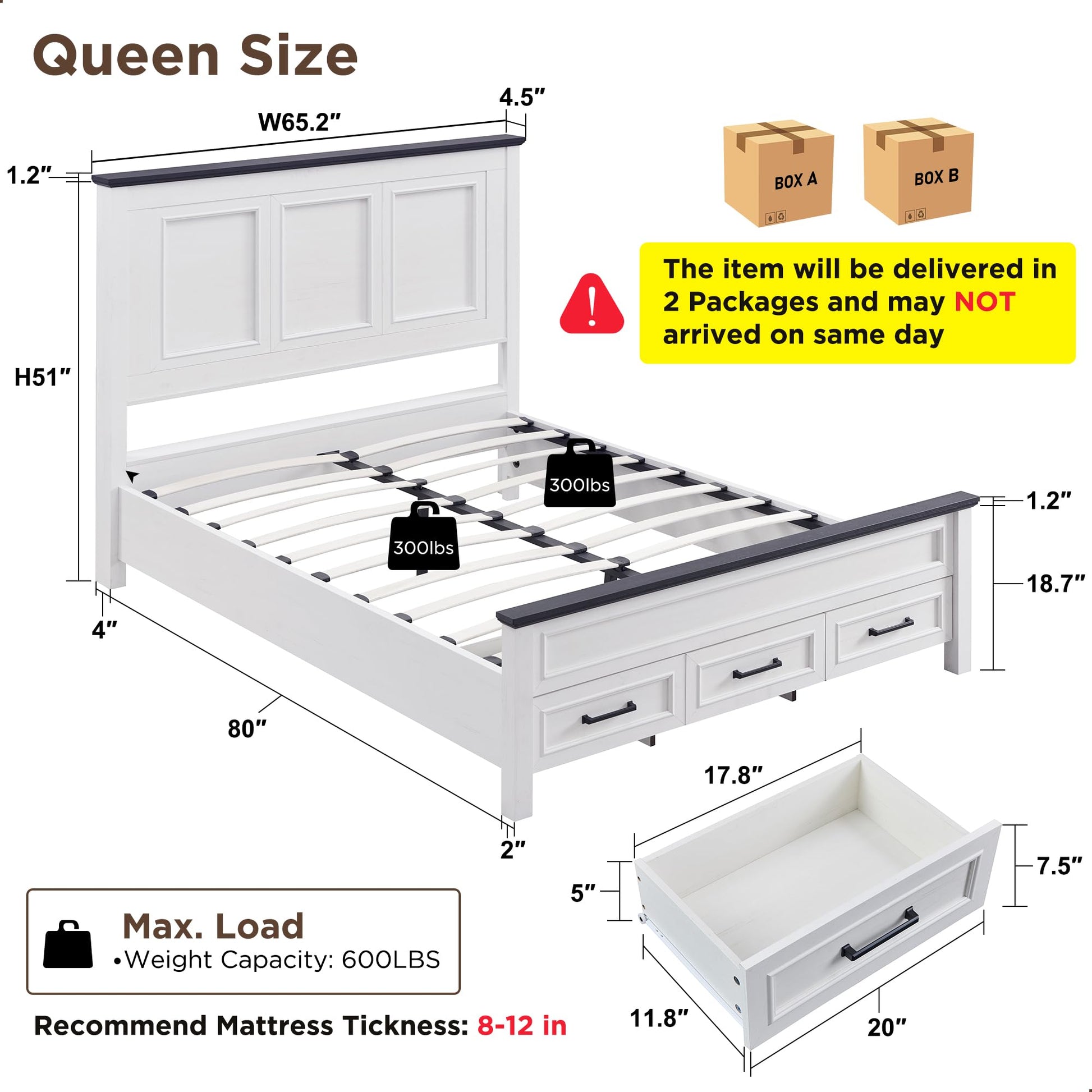 ACCOHOHO Antique White Farmhouse Queen Bed Frame with 52" Full-Panel Headboard and Storage Drawers - WoodArtSupply