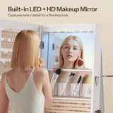 HOOBRO 360° Swivel Jewelry Cabinet with LED Lights, Standing Jewelry Armoire with 2 Drawers, Full-Length Mirrored Jewelry Organizer, Lockable Jewelry Cabinet, Makeup Brush Boxes, White WT05JC04 HOOBRO