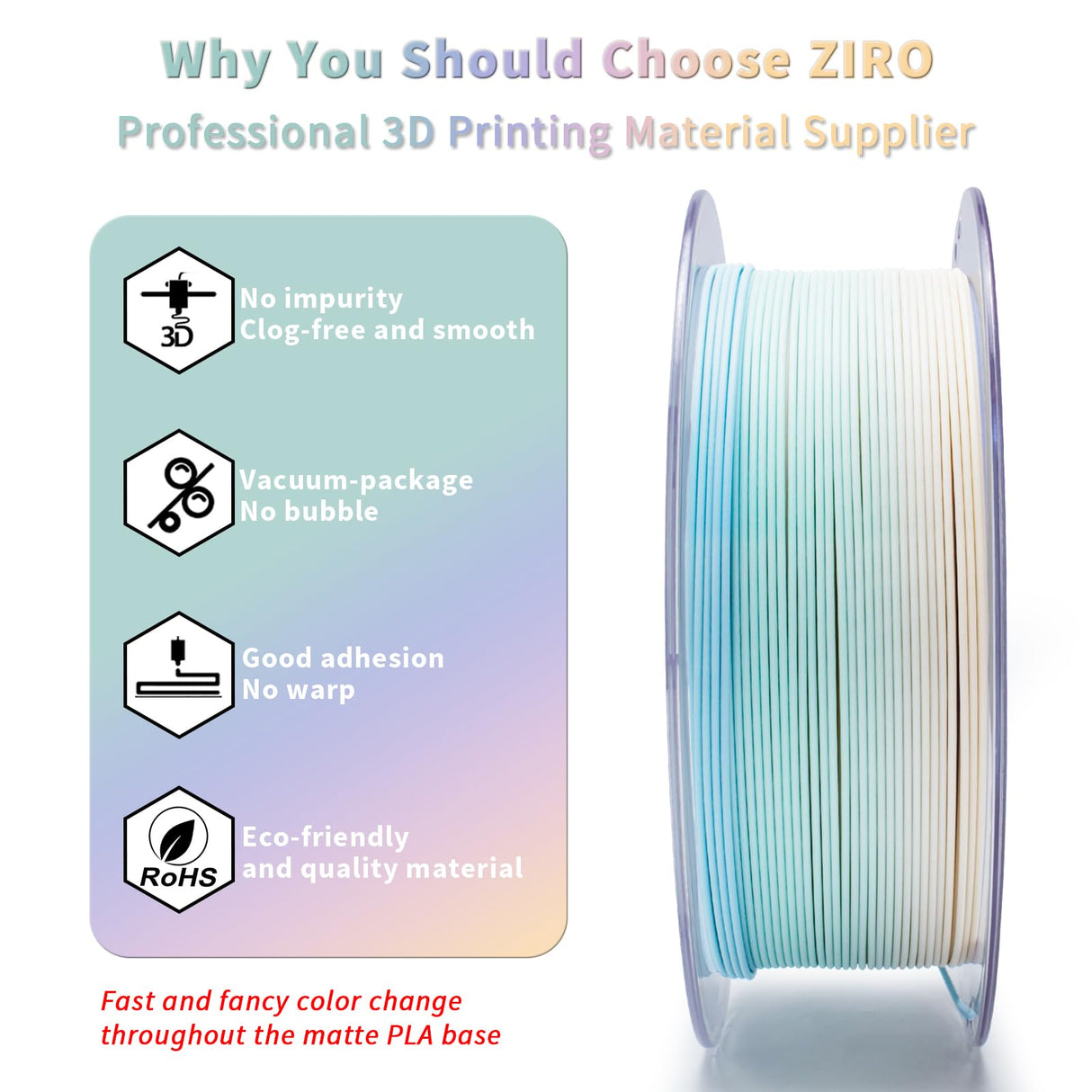ZIRO PLA Filament 1.75mm, Matte Multicolor 3D Printer Filament, Color Gradient Change PLA, Fast Color Change by Length, Fit Most FDM Printers, Dimensional Accuracy +/-0.03mm,1KG Pastel Spectrum ZIRO