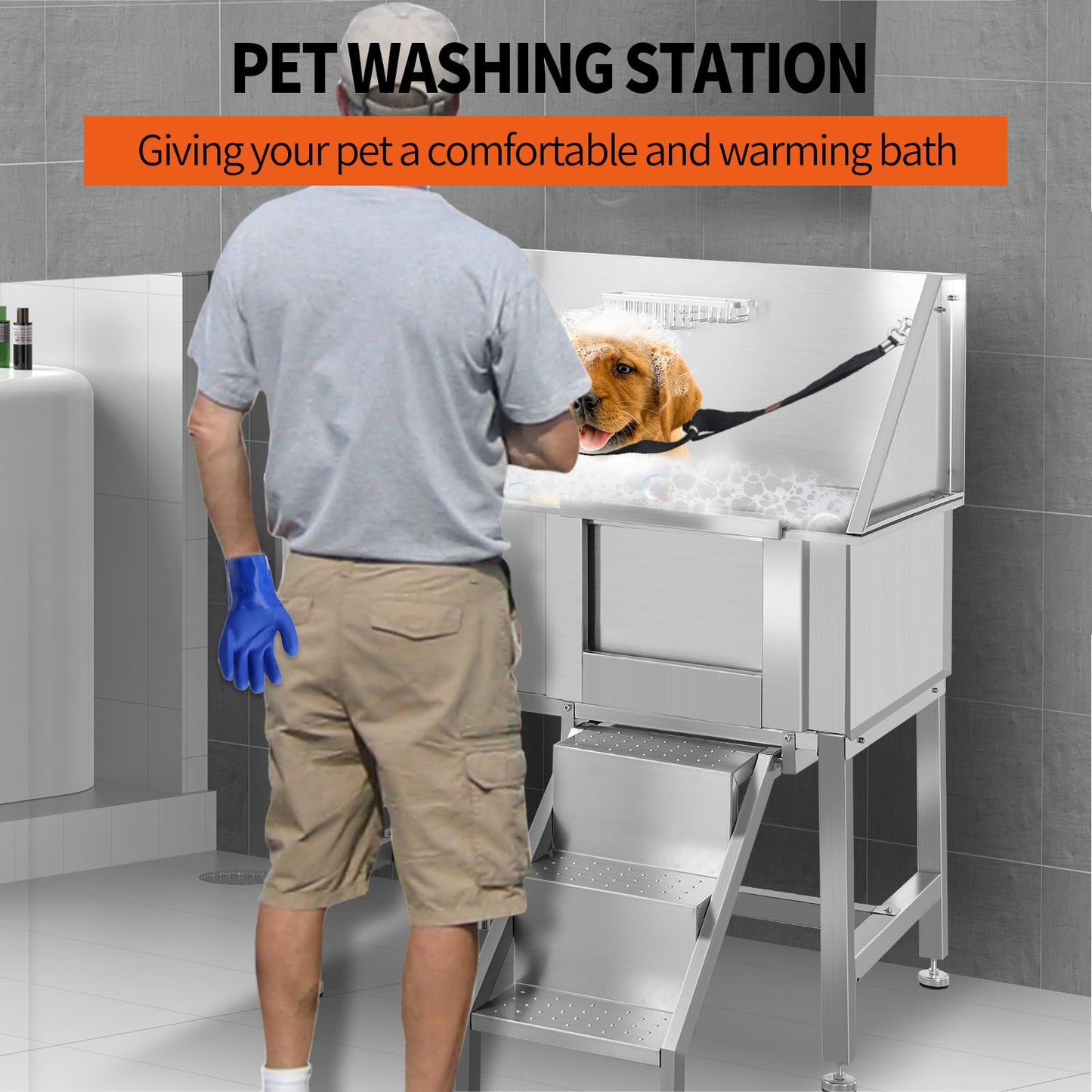 38" Dog Washing Station Large Dogs Grooming Tub Professional Stainless Steel Dog Bathtubs Bathing Tub Pet Washing Station for Home with Steps,R-Door