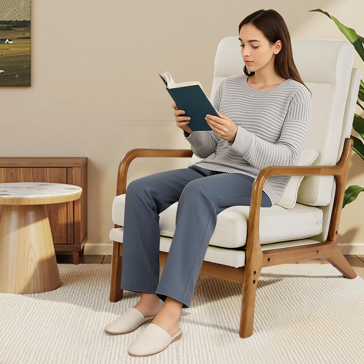 VEVOR Accent Chair, High Back Mid Century Modern Armchair with Solid Wood Frame and Non-Slip Legs, Upholstered Leisure Chair with Linen Fabric and 5.3 in Thickened Cushion, for Living Room, Bedroom VEVOR