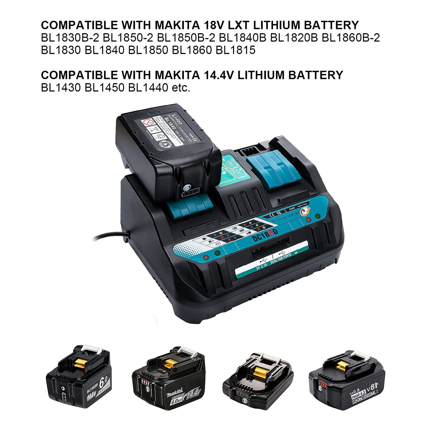 18V DC18RD Dual Ports Battery Charger for Makita 14.4V-18V LXT Lithium-Ion Battery BL1415 BL1430 BL1830 BL1840 BL1850 BL1850B BL1860B BL1860 BL1815, Hiesuan Replace DC18RC DC18SF DC18RT - WoodArtSupply