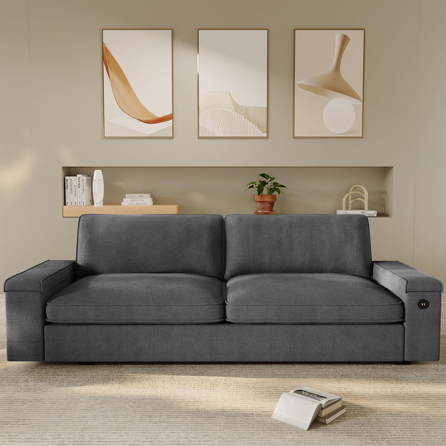 SEDETA Modern Couch, Comfy Couches for Living Room, Oversized Loveseat Sofa, Deep Seat Sofa with Storage and 2 USB Charging Ports, Removable Sofa Cover(Dark Grey Chenille)