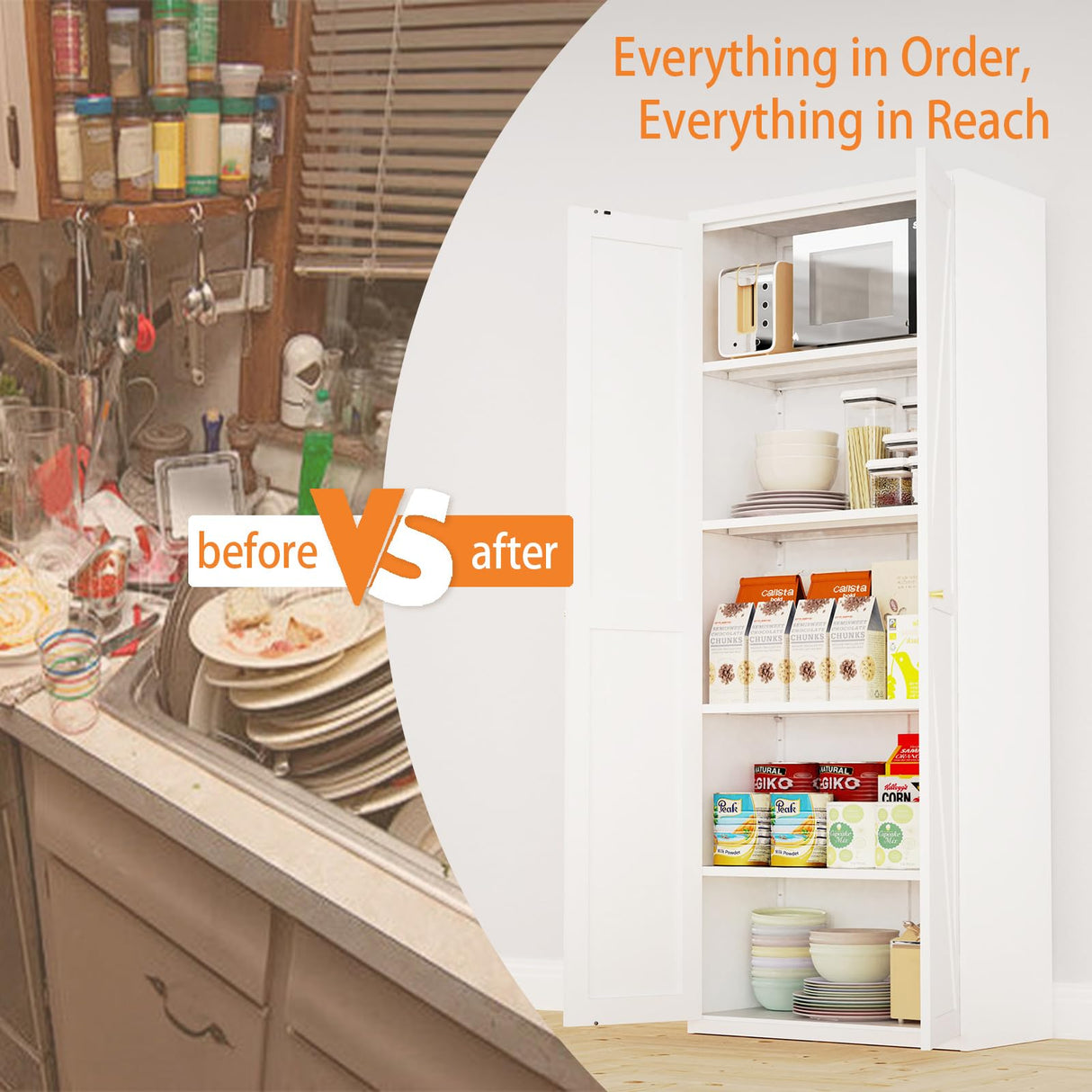 Howzone Food Pantry Cabinet, 71" Kitchen Pantry Storage Cabinets with Doors and Adjustable Shelves, Metal Hutch Cabinet with Storage for Kitchen, Living Room, Dining Room, White Howzone