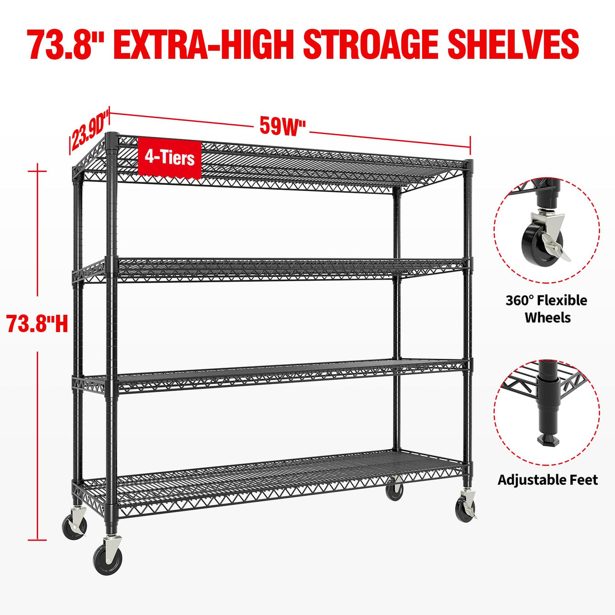 59" W Storage Shelves 2640LBS Heavy Duty Garage Shelving Units with Wheels and Adjustable Shelf, 4-Tiers Wire Shelving Rack for Garage Pantry Kitchen Warehouse Industrial Garvee