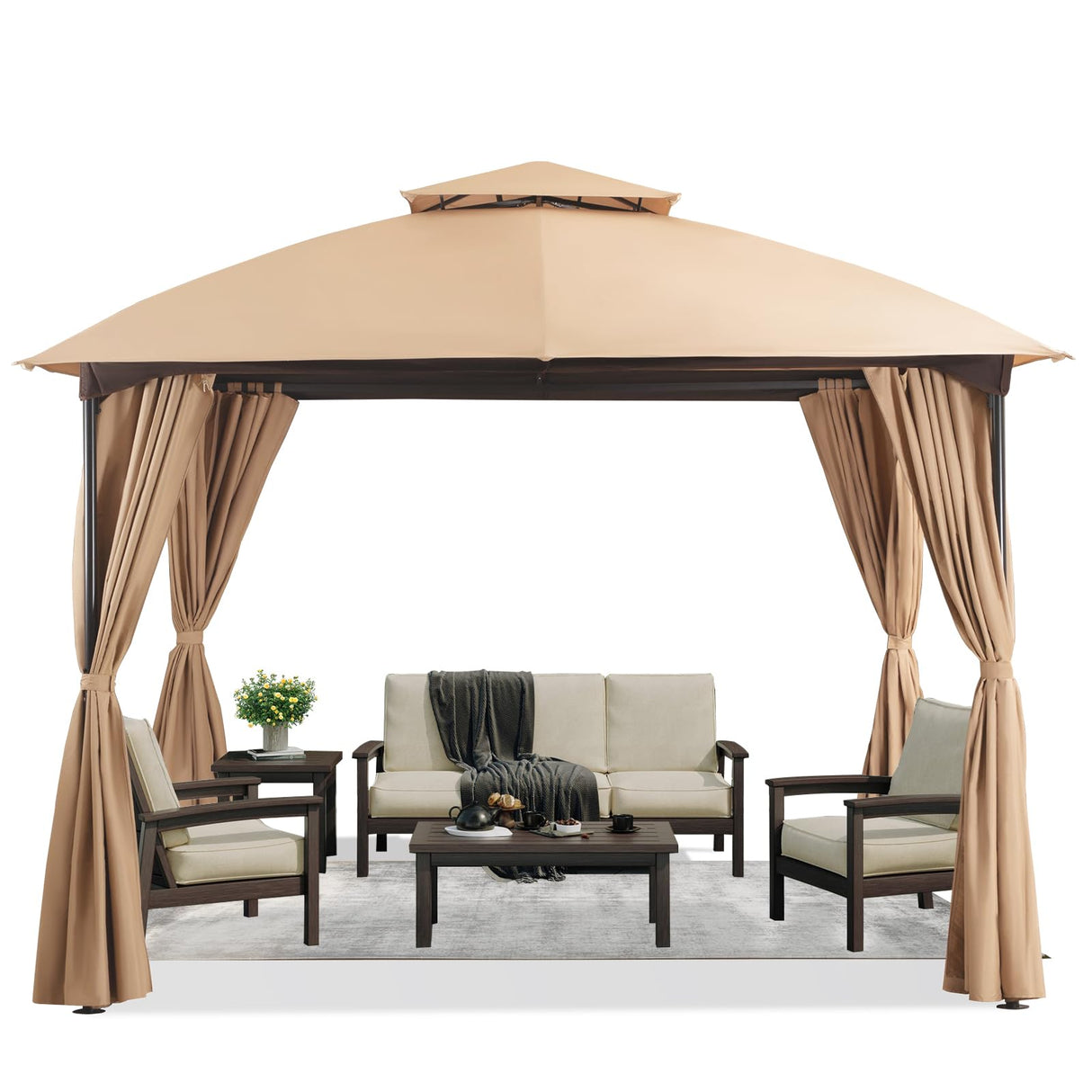 LAUSAINT HOME Patio Arc Gazebo Outdoor Canopy Tent 10'x10', Party Tent Shelter with Curtains & Expansion Bolts and Wind-Resistant Ropes for Patios, Garden, Backyard and Lawn, Khaki LAUSAINT HOME