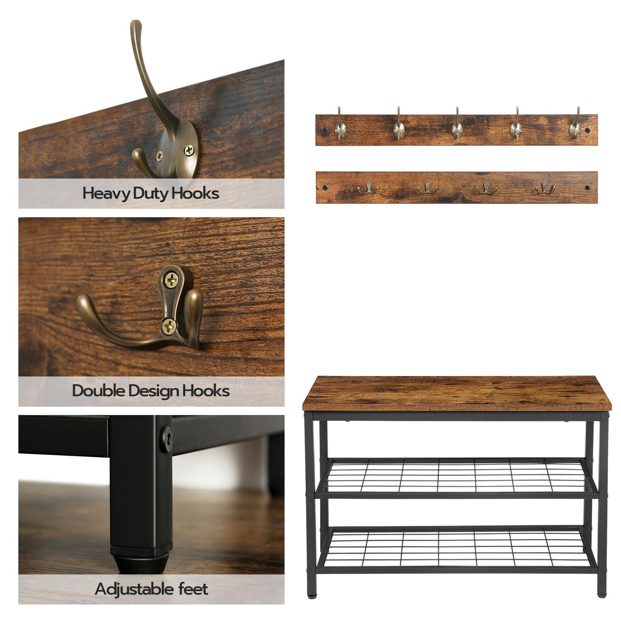 HOOBRO Hall Tree with Bench, Coat Rack Shoe Bench Set, Entryway Shoe Rack Bench with Coat Hooks, Hall Tree Coat Rack, 27.6"L x 11.8"W x 18.1"H, Industrial, for Foyer, Front Door, Rustic Brown BF07MT01 HOOBRO