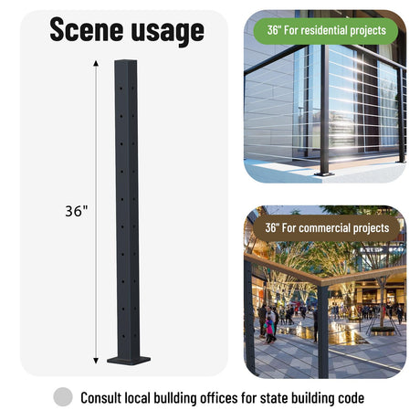 Dawn Railing Heavy-Duty Cable Railing Post, 36”x2”x2” High Strength Steel Square Corner Post with Level Drilled Holes, Weldless Black Powder-Coated Finish, for Wood/Concrete Deck Stair, 1 Pack Dawn Railing