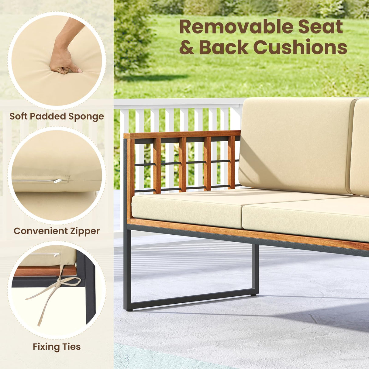 Tangkula Acacia Wood Outdoor Sofa Set, 4 Pieces Outdoor Furniture Set with Heavy Duty Metal Frame, Soft Seat & Back Cushions, for Balcony, Porch, Backyard or Poolside (1, Beige) Tangkula