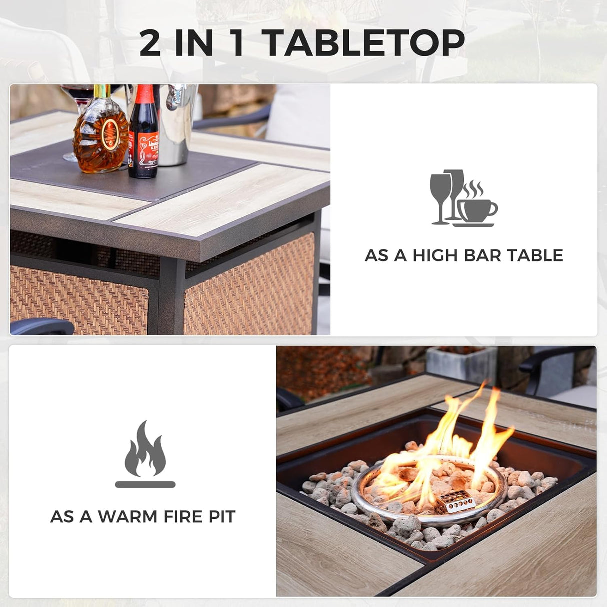 Grand patio 5-Piece Patio Swivel Bar Set with Fire Pit Table 60,000 BTU Heat Output, Outdoor Counter Height Patio Bar Stools Set of 5, High Bar Chairs with High Back, Black&Grey Plaid Grand patio