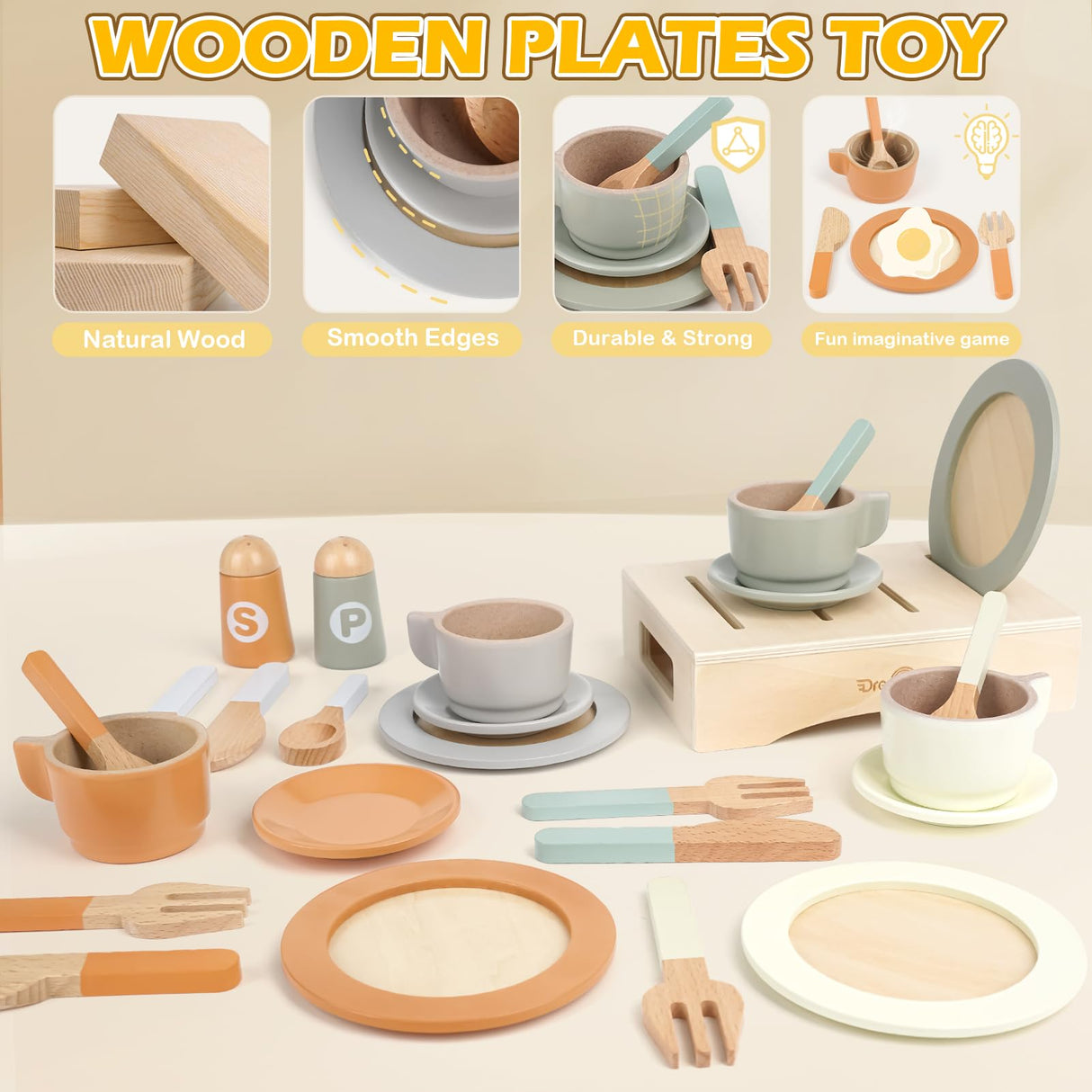 Wooden Play Dishes and Plates for Kids Kitchen Set, 27 PCS Wooden Play Kitchen Accessories, Kitchen Toy for Toddlers 2-4 Years Girls and Boys Dreamon