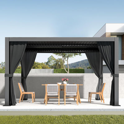 LVUYOYO Louvered Pergola 10' x 13', Outdoor Pergola with Adjustable Roof, Aluminum Frame Pergola with Curtains and Netting, Hardtop Metal Gazebo for Patio, Backyard, Garden, Deck (Black)