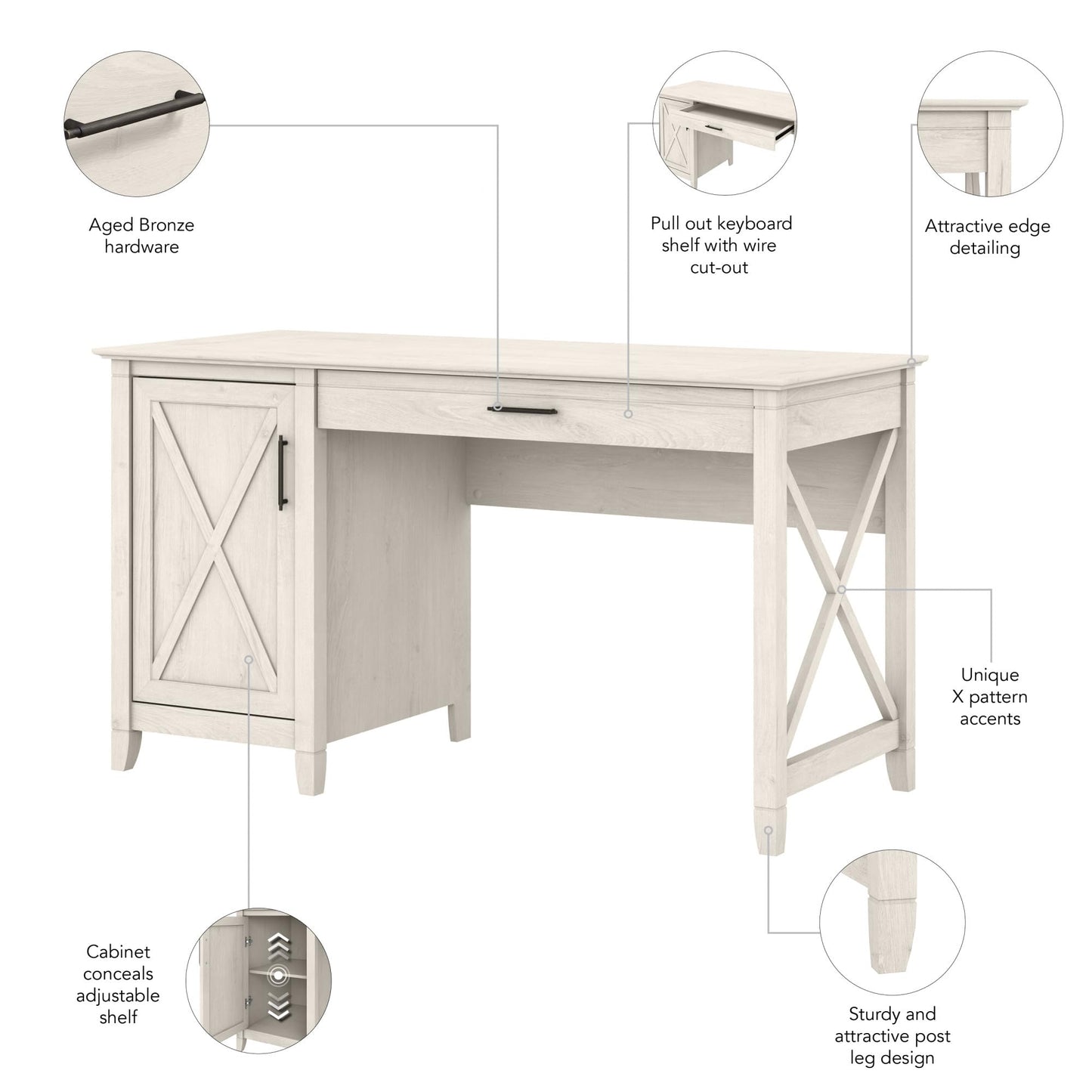 Bush Furniture Key West Computer Desk with Storage | Farmhouse PC Table for Home Office in Linen White Oak | 54W x 24D - WoodArtSupply