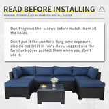 Lviden 7 Pieces Outdoor PE Wicker Furniture Set Patio Rattan Sectional Conversation Sofa Set with Navy Blue Cushions and Glass Top Table Lviden