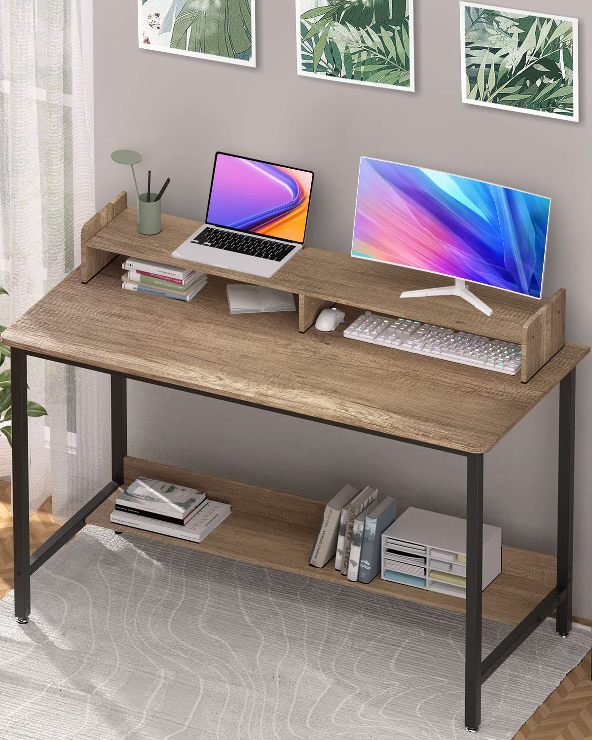 WOODYNLUX Computer Desk for Home-Office with Storage-Shelves - Modern Simple Style Metal Frame Laptop Notebook PC Study Writing Student Makeup Table Desk with Monitor Stand Footrest, Easy to Assemble. WOODYNLUX