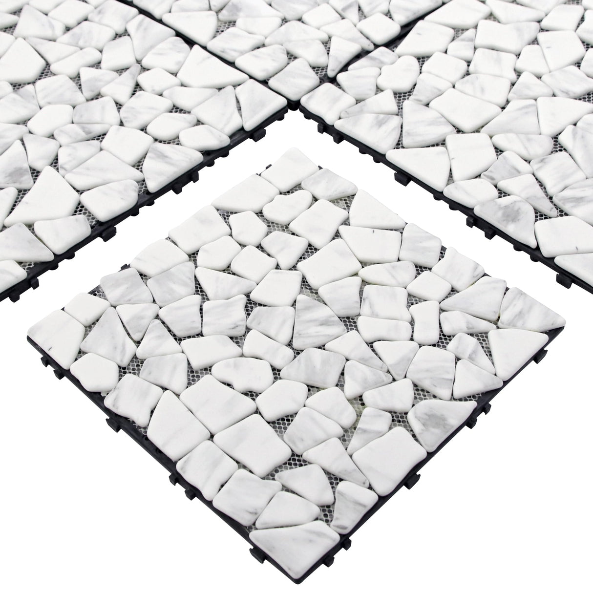 SUNWINGS 4PCS Natural Stone Interlocking Deck Tiles 12"x12" Pebble Waterproof Patio Deck, Outdoor Indoor Floor Decking Tiles for Porch Poolside Balcony Backyard, Carrara White sunwings
