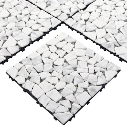 SUNWINGS 4PCS Natural Stone Interlocking Deck Tiles 12"x12" Pebble Waterproof Patio Deck, Outdoor Indoor Floor Decking Tiles for Porch Poolside Balcony Backyard, Carrara White