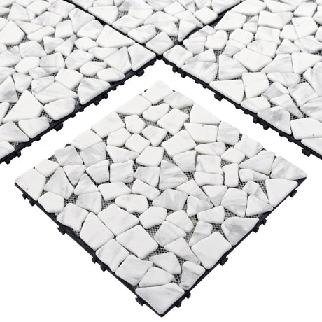 SUNWINGS 4PCS Natural Stone Interlocking Deck Tiles 12"x12" Pebble Waterproof Patio Deck, Outdoor Indoor Floor Decking Tiles for Porch Poolside Balcony Backyard, Carrara White sunwings