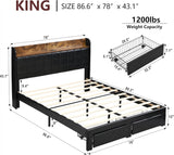 King Size Bed Frame with Headboard, Upholstered Platform Bed Frame with Charging Station & 2 Storage Drawers, Sturdy Wooden Slats Support, No Box Spring Needed, Easy Assembly, Noise Free, Black XKLOGER