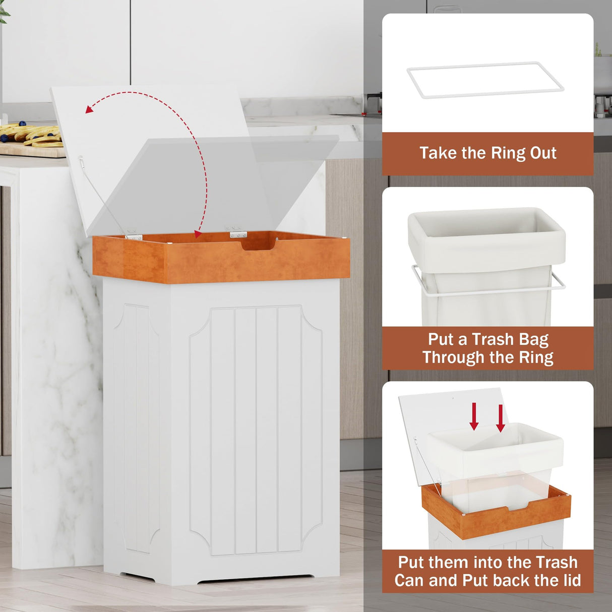 Function Home Trash Can Cabinet, 13 Gallon Kitchen Garbage Can, Wooden Recycling Trash Bin, Dog Proof Trash Can, Trash Cabinet with Lid for Home Kitchen Bathroom, White Function Home