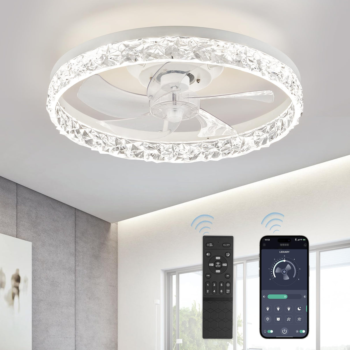 LEDIARY 20" Modern Ceiling Fans with Lights and Remote, Dimmable Low Profile Ceiling Fan, Flush Mount Ceiling Fan, Stepless Color Temperature Change and 6 Speeds - White LEDIARY