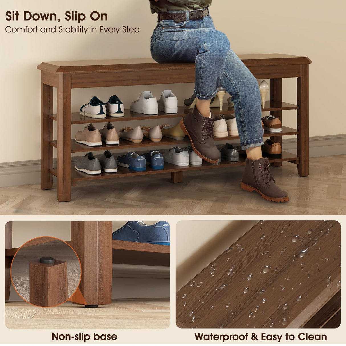 Shoe Bench for Entryway Wood Shoe Rack Bench with Storage 3-Tier Adjustable Shelf Holds up to 550lbs Indoor Bench for Small Spaces, Bedroom, Hallway, Front Door Entrance IUNVR