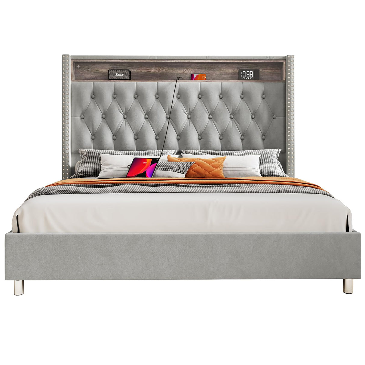 Jocisland King Size Bed Frame 53.6'' Tall Headboard LED Lights and Charging Station, Velvet High Upholstered Platform Bed Wingback Storage, No Box Spring Needed, No Motion Light Under Bed, Light Gray Jocisland