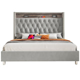 Jocisland King Size Bed Frame 53.6'' Tall Headboard LED Lights and Charging Station, Velvet High Upholstered Platform Bed Wingback Storage, No Box Spring Needed, No Motion Light Under Bed, Light Gray Jocisland