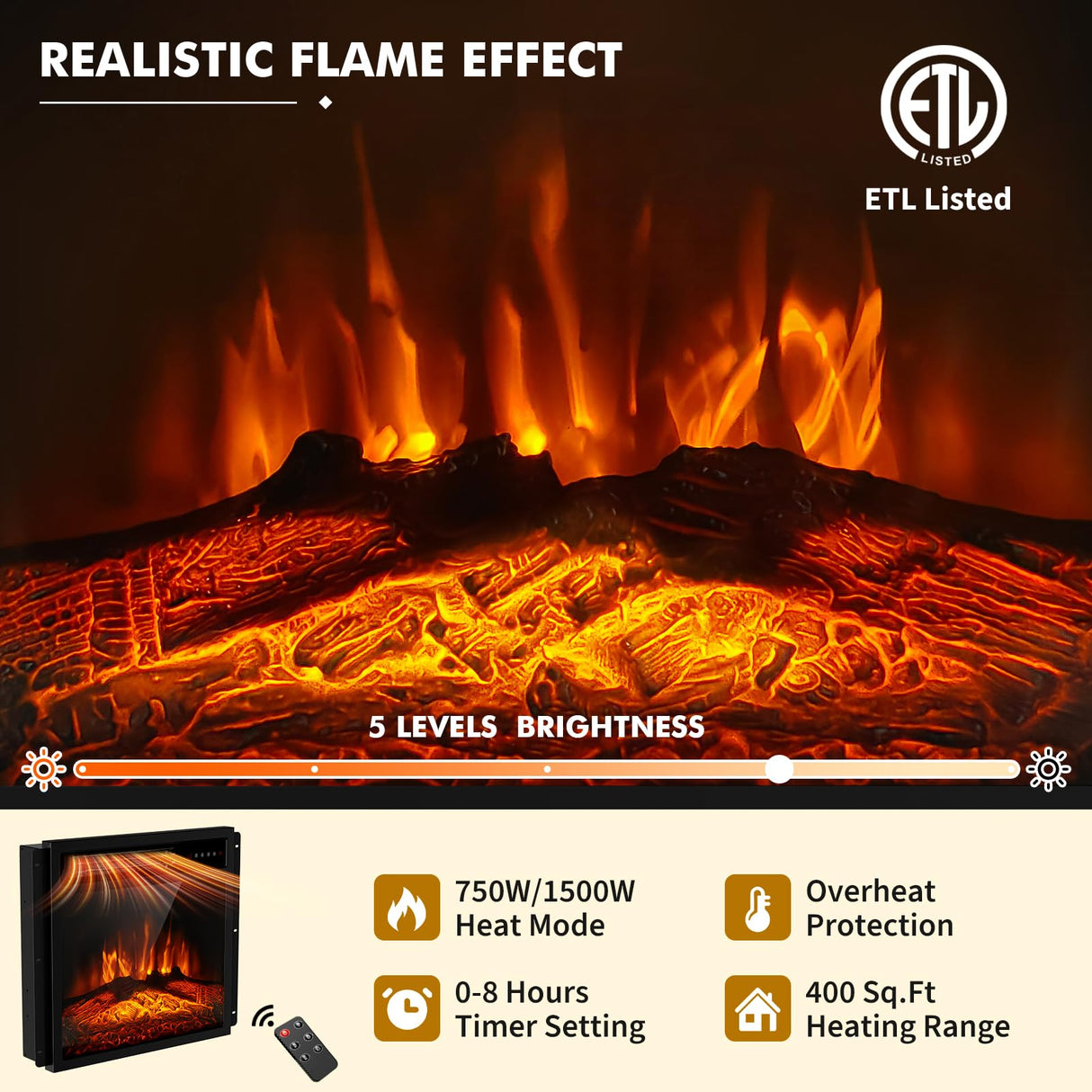 BREEZEHEAT 58inch Electric Fireplace TV Stand for 65'' TV-Entertainment Center with 18'' Fireplace and Led Light-TV Console with Glass Shelves, Power Outlets, Remote Control (Black Marble) BREEZEHEAT