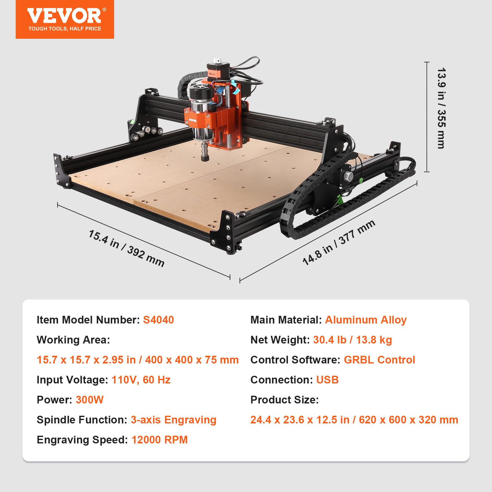 VEVOR CNC Router Machine, 300W, 3 Axis GRBL Control Wood Engraving Carving Milling Machine Kit, 400 x 400 x 75 mm / 15.7 x 15.7 x 2.95 in Working Area 12000 RPM for Wood Acrylic MDF PVC Plast - WoodArtSupply