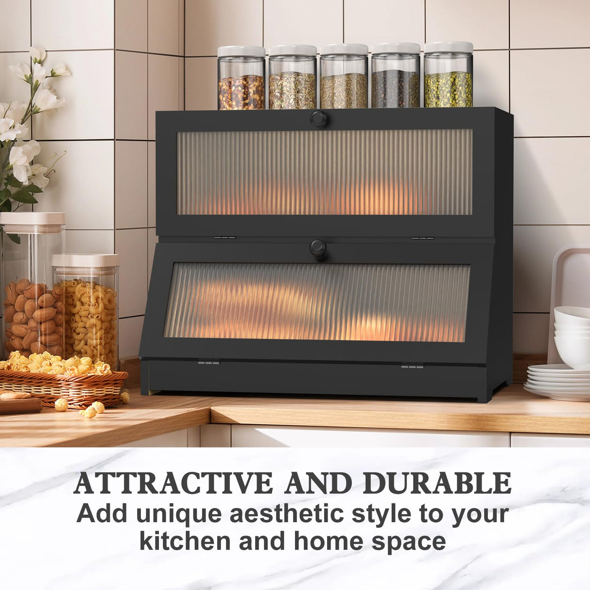 LOHASOK Double Layer Bamboo Bread Box for Kitchen Counter-Large Capacity Bread Storage Container Farmhouse Bread Box with Window Bread Holder (Black) LOHASOK