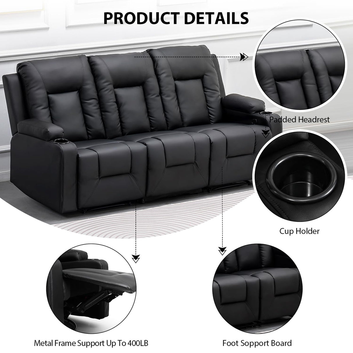 COMHOMA Recliner Chair Set, Leather Recliner Living Room Furniture Sets, Recliner Sofa Loveseat (Black,Living Room Set 3+2+1) COMHOMA