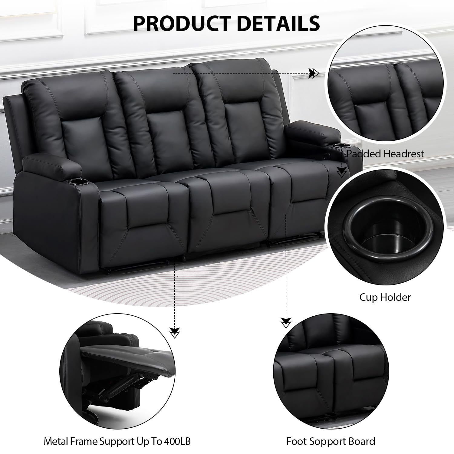 COMHOMA Recliner Chair Set, Leather Recliner Living Room Furniture Sets, Recliner Sofa Loveseat (Black,Living Room Set 3+2+1) - WoodArtSupply