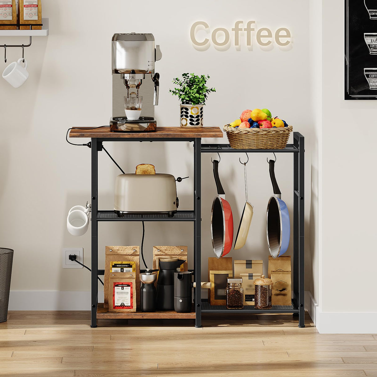 HOOBRO Bakers Rack with Pots Rack, Microwave Stand with Charging Station, Space-Saving Coffee Bar Industrial Bread Organizer, for Dining Room, Kitchen, Black and Rustic Brown BF15UHB01 HOOBRO