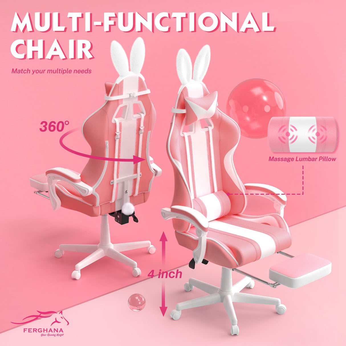 Ferghana Kawaii Pink Gaming Chair with Bunny Ears, Ergonomic Cute Gamer Chair with Footrest and Massage, Racing Reclining Leather Office Computer Game Chair 250lbs for Girls Adults Teens Kids Ferghana