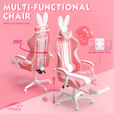 Ferghana Kawaii Pink Gaming Chair with Bunny Ears, Ergonomic Cute Gamer Chair with Footrest and Massage, Racing Reclining Leather Office Computer Game Chair 250lbs for Girls Adults Teens Kids Ferghana