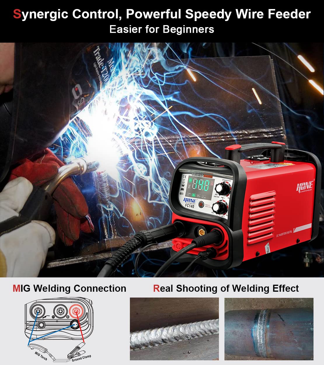 HONE MIG Welder 110V, Actual 140Amp Flux Core Welder/Stick Welder/Lift TIG 3 in 1 Synergic Welding Machine, Smart IGBT Inverter Large LED Display Gasless Wire Welder with Welding Gun HONE