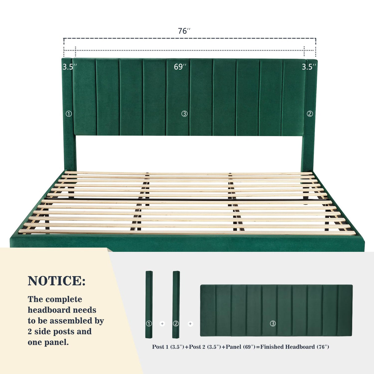 Allewie King Platform Bed Frame/Velvet Upholstered Bed Frame with Vertical Channel Tufted Headboard/Strong Wooden Slats/Mattress Foundation/Box Spring Optional/Easy Assembly/Green Allewie