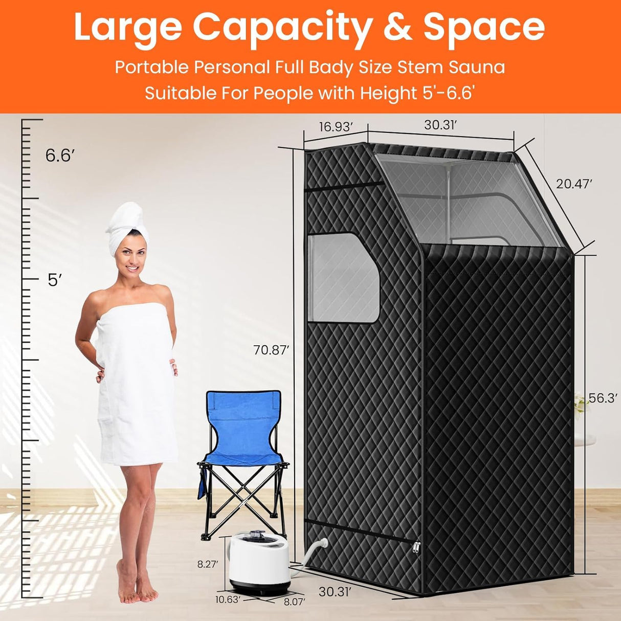 bsdonte Portable Sauna for Home, Personal Steam Sauna Box, Indoor Sauna Tent at Home Full Body with 1000W 2.6L Steamer, Timer, Remote Control, Folding Chair, 9 Levels Heating, 2.6' x 2.6' x 5.9' bsdonte