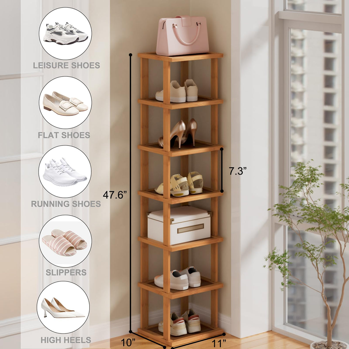 ZUJJAFY Bamboo Shoe Rack for Entryway, Vertical Shoe Rack 7-Tier Tall & Narrow Shoe Shelf for Small Spaces, Free Standing Corner Shoe Rack Organizer for Front Door Entrance Closet Bedroom and Garage ZUJJAFY