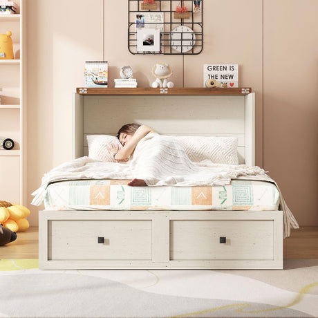 AMERLIFE Full Murphy Bed with Storage & Charging Station, Farmhouse Murphy Cabinet with Foldable Panel, Noisy Free, for Guest Bedroom, Living Room, Office, Distressed White & Barnwood AMERLIFE