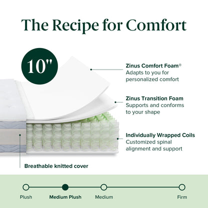 ZINUS 10 Inch Comfort Support Hybrid Mattress [New Version], Queen, Fiberglass Free, Medium Plush, Motion Isolation, Certified Safe Foams & Fabric, Mattress in A Box