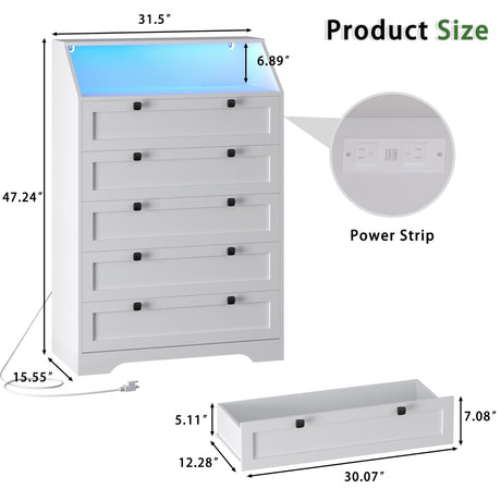 Wodeer White Dresser Tall 5 Drawer Dresser for Bedroom, Wood Chest of Drawers with LED Lights, Charging Station, Metal Handles, Modern Storage Cabinet and Organizer Drawers for Living Room, Hallway Wodeer