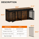 Timechee 93" Extra Large Dog Crate with Double Rooms, Heavy Duty Wooden Dog Cage Furniture Dog Crate Kennel with Drawers & Removable Divider,Indoor Luxury Dog House for Large Medium Dogs, Rustic Brown Timechee
