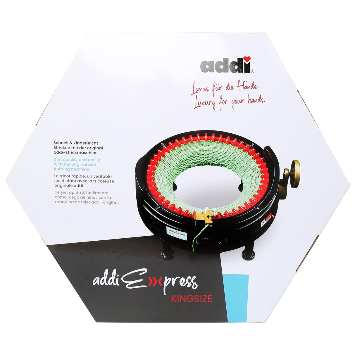 Addi Express King Size Knitting Machine Kit Extended Version with Manual Counter Includes: 46 Needles, Knitting Machine, Pattern Book, Express Hook, Replacement Needles, Stopper Addi