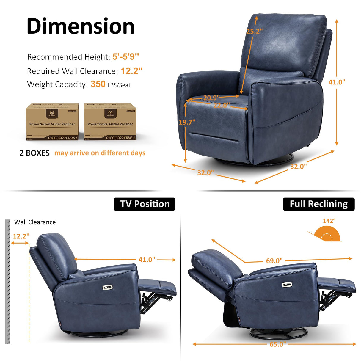 MCombo Power Swivel Rocker Recliner with Lumbar Support, Faux Leather Electric Nursery Glider Recliner Chair for Adults, 6922 (Navy Blue) MCombo